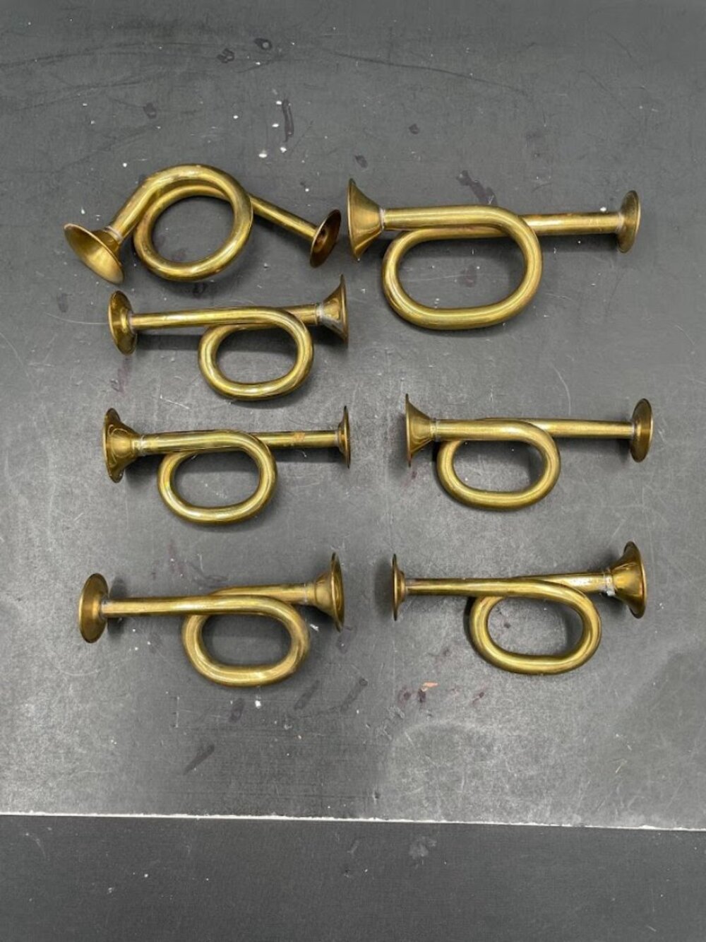 Lot of 7 Small Brass Horns Trumpets Bugles French Horns Christmas Ornaments